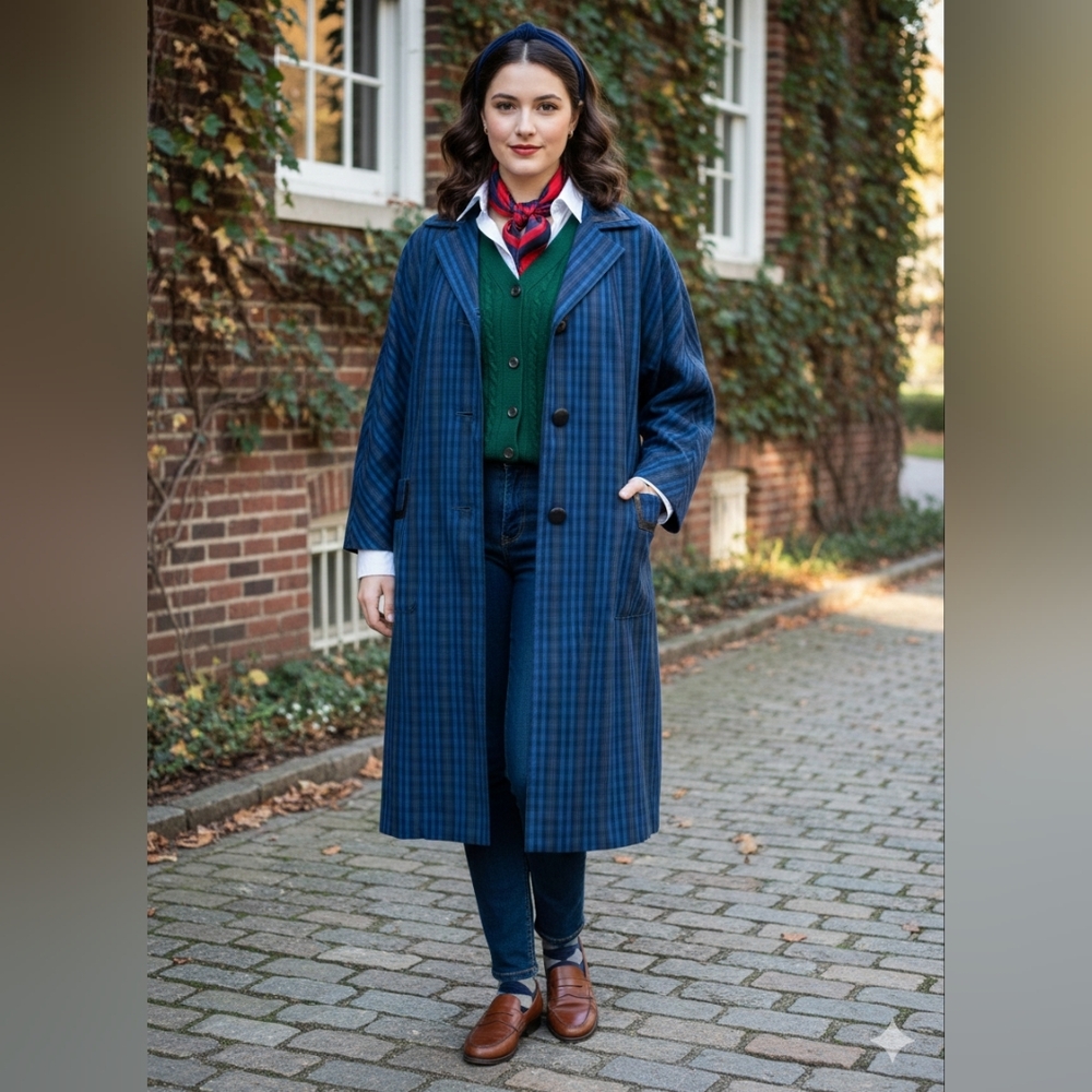 Vintage Lanson Women’s Size L/XL Trench Coat Plaid Blue With Leather Trim